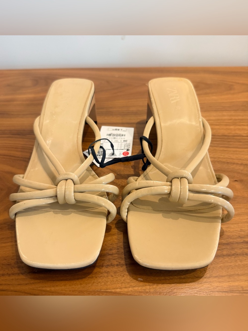 Zara Neutral Beige Knot-Detail Square Toe Slide Mules